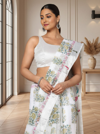 Kota Doria Paithani Embroidery Designer Saree White