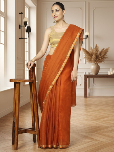 Sophisticated Pure Silk Kota Doria Handdyed Orange Saree