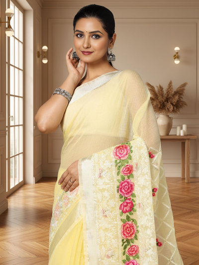 Sunshine Chikenkari Pure Cotton Kota Doria Yellow Saree
