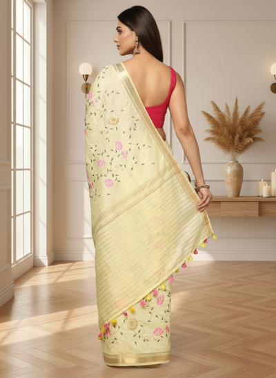 Impressionistic Silk Linen Embroidered Yellow Saree
