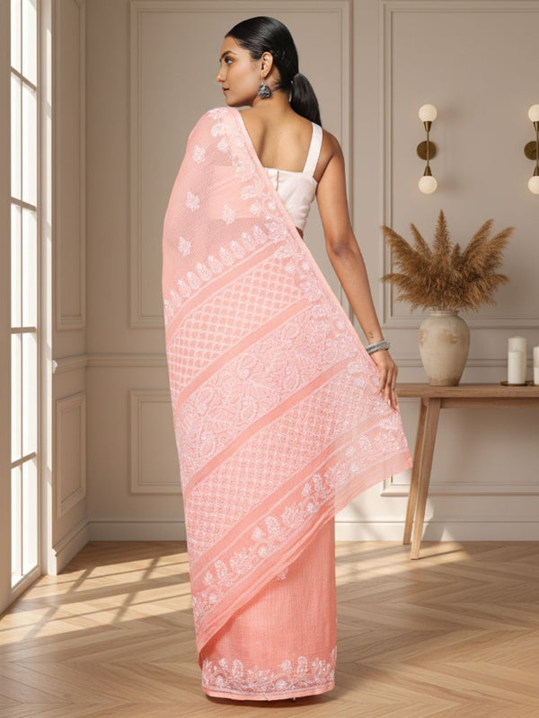 Blush Chikankari Kota Doria Saree Light Peach Handcrafted
