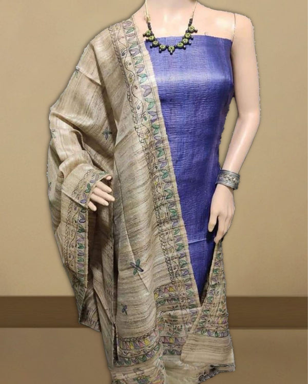 Silkmark Tussar Beige Madhubani Luminous Dupatta & Blue Top