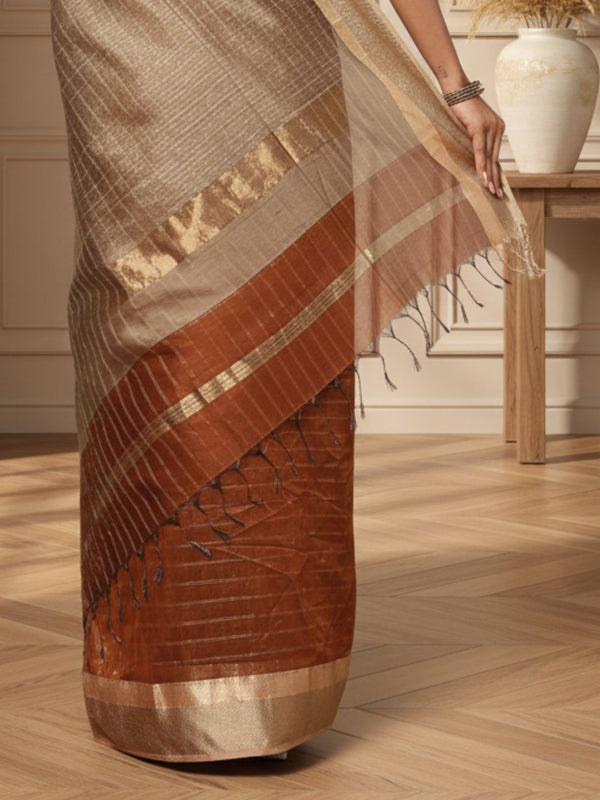 Stunning Pure Maheshwari Silk Allover Checks Earthy Brown Saree