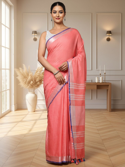 Delicate Slub Linen Hand Dyed Charm Pink Saree