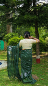 Bansbara Silk Saree Deep Moss Green Color Embroidered with running blouse-Indiehaat