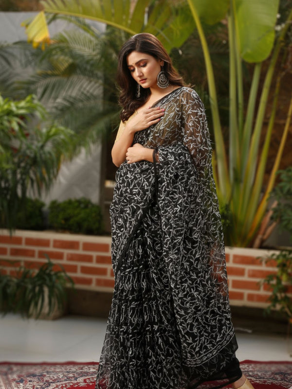 Tepchi Handwork Georgette Work Black Saree