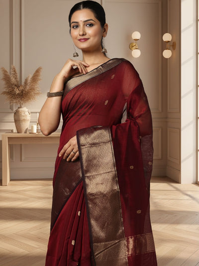 Poetic Maheshwari Pure Silk Butta Body Red Saree