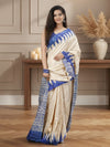 Silkmark Tussar Tranquil Blockprint Biege & Blue Saree