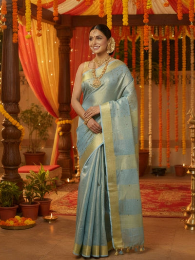 Embroidered Pure Tissue Linen Handdyed Saree Blue