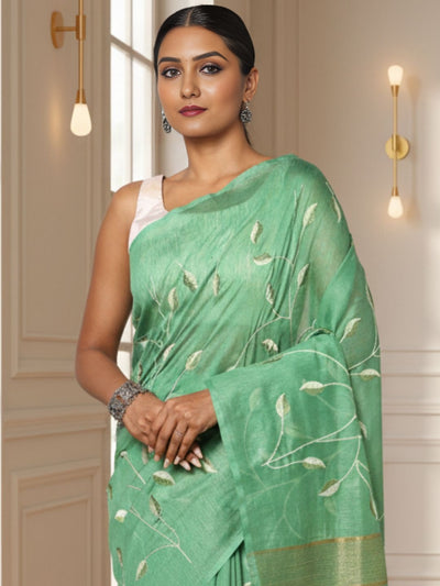 Alluring Eri Tussar Silk Embroidered Green Saree