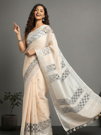 Surreal Pure Linen Hand Cutwork Design Off White Saree