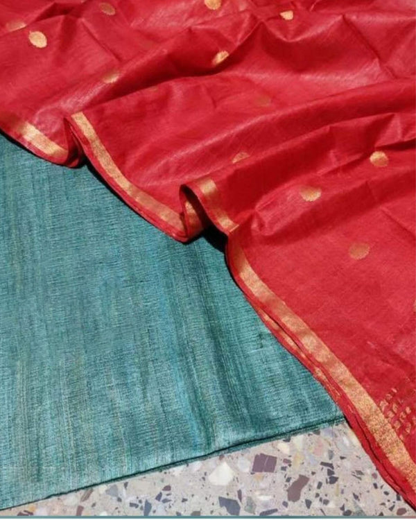 Silkmark Tussar Green Top Katan Silk Red Dupatta