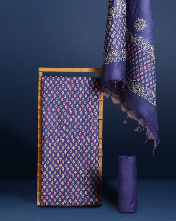 Katan Silk Alluring Blockprint Blue Suit