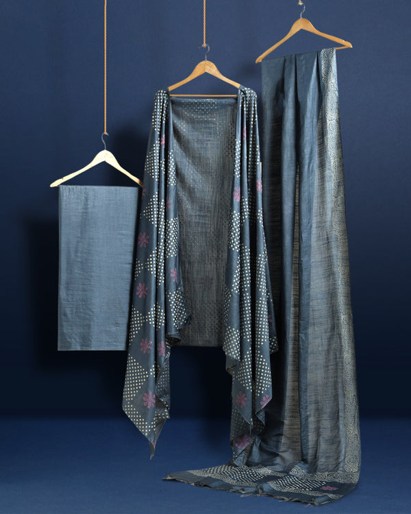 Katan Silk Idyllic Blockprint Metallic Blue Suit