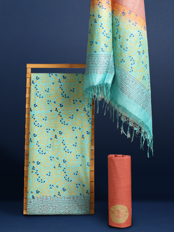 Katan Silk Melodic Blockprint Green Suit