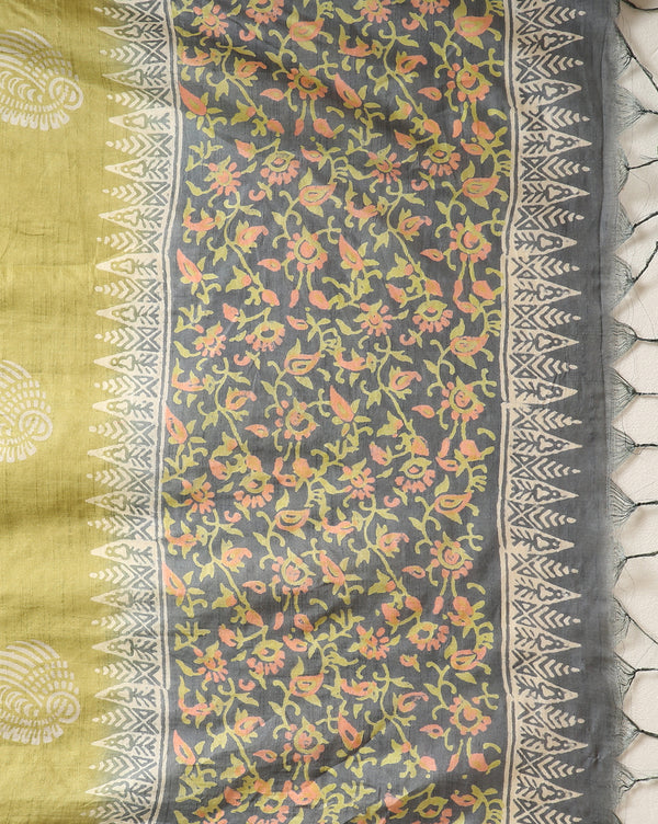 Katan Silk Printed Suit Piece Gray with Bottom & Dupatta-Indiehaat