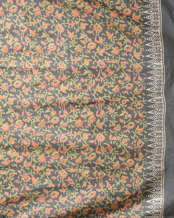 Katan Silk Printed Suit Piece Gray with Bottom & Dupatta-Indiehaat