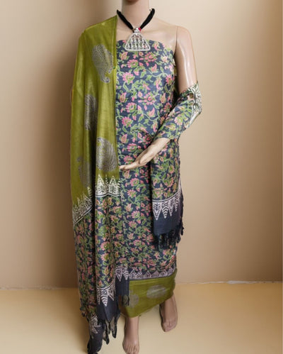 Katan Silk Joyful Blockprint Gray & Green Suit (T+B+D)