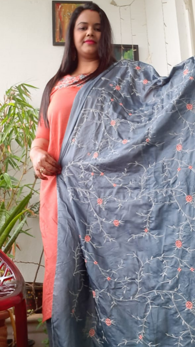 Embroidered Katan Silk Red & Blue Suit