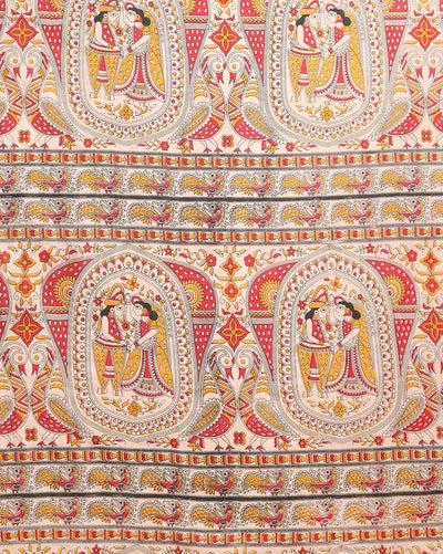 Stunning Katan Silk Madhubani Beige Suit (T+B+D)