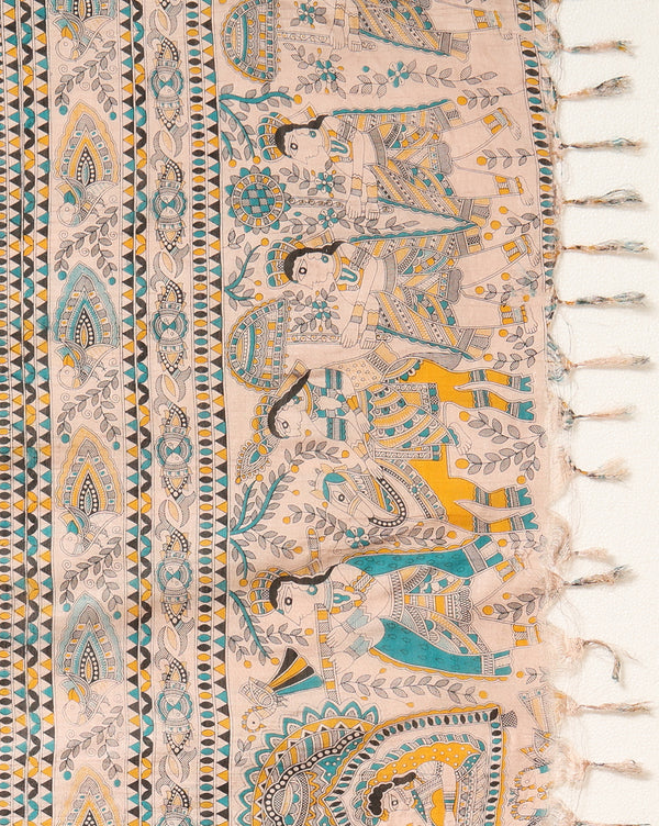 Katan Multi Colour Silk Printed Suit Piece with Bottom and Dupatta Handcrafted-Indiehaat