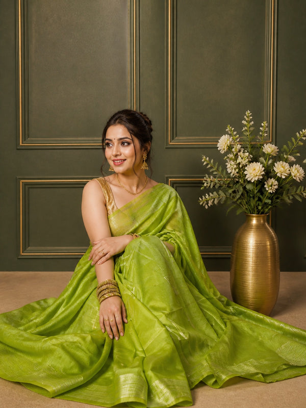 Katan Sap Green Silk Saree Handcrafted