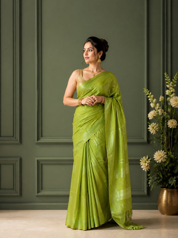 Katan Sap Green Silk Saree Handcrafted