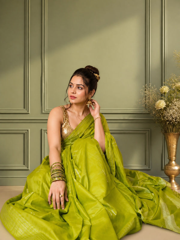 Katan Sap Green Silk Saree Handcrafted