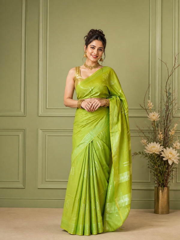 Katan Sap Green Silk Saree Handcrafted