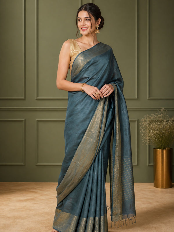 Silkmark Certified Moonga Tussar Bottle Green Silk Saree with Running Blouse Handcrafted-Indiehaat