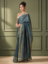 Silkmark Certified Moonga Tussar Bottle Green Silk Saree with Running Blouse Handcrafted-Indiehaat
