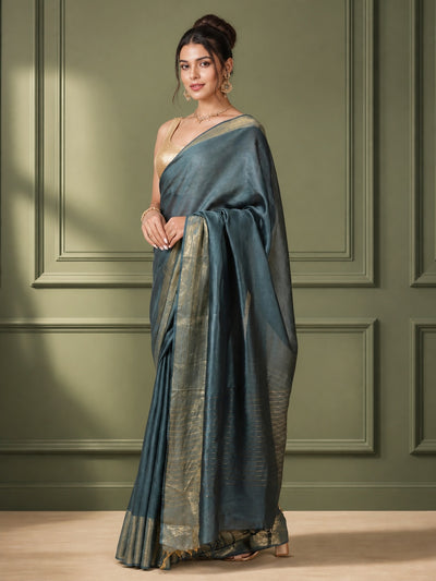 Silkmark Certified Moonga Tussar Bottle Green Silk Saree with Running Blouse Handcrafted-Indiehaat