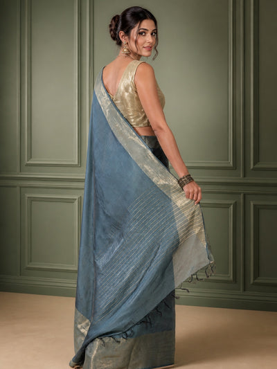Silkmark Certified Moonga Tussar Bottle Green Silk Saree with Running Blouse Handcrafted-Indiehaat