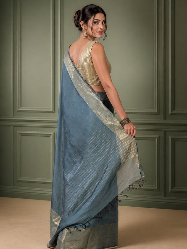 Silkmark Certified Moonga Tussar Bottle Green Silk Saree with Running Blouse Handcrafted-Indiehaat
