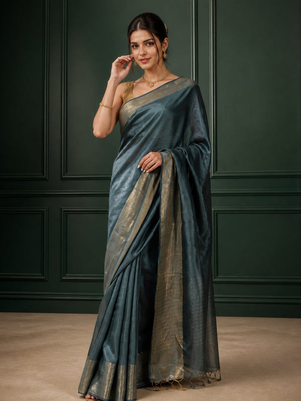Silkmark Certified Moonga Tussar Bottle Green Silk Saree with Running Blouse Handcrafted-Indiehaat