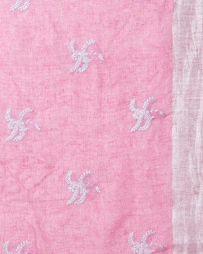 Pure Linen Embroidered Handloom Pink SareeSaree with Running Blouse Handcrafted-Indiehaat