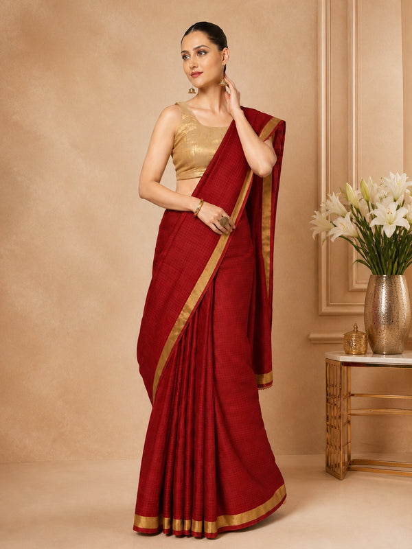 Kota Doria Pure Silk Red Saree Hand Dyed with Blouse-Indiehaat