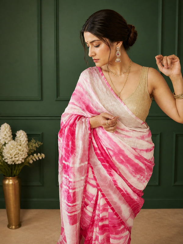 Linen Shibori Pink Hand Dyed Saree with Blouse-Indiehaat