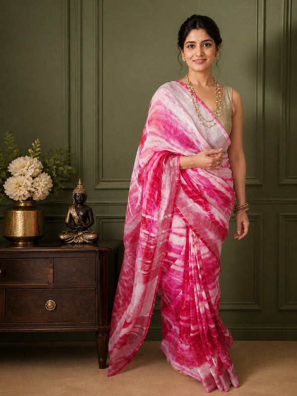 Linen Shibori Pink Hand Dyed Saree with Blouse-Indiehaat