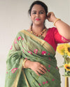 Mysterious Silk Linen Embroidered Green Saree