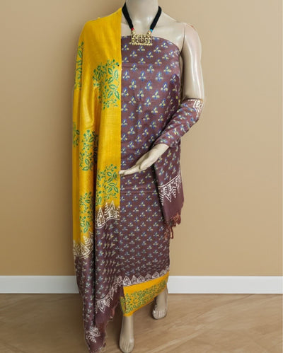 Katan Silk Hypnotic Blockprint Brown Suit