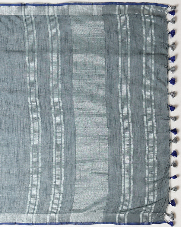 Smoky Slub Linen Hand Dyed Gray & Blue Saree
