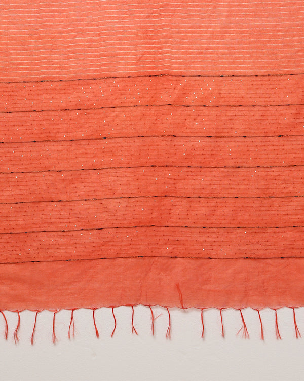 Striped Kota Slub Sequence Pallu Saree Hand Dyed Orange