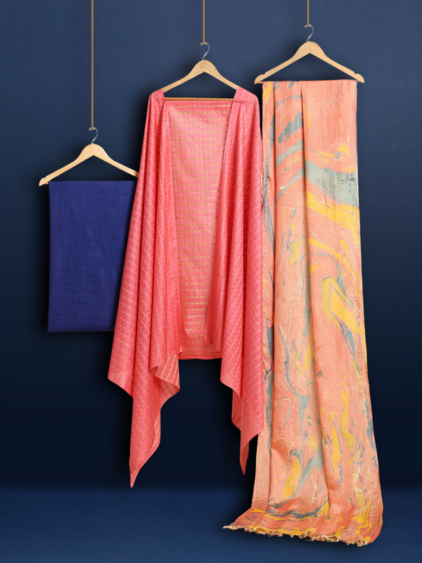 Abstract Katan Silk Tie Dyed Pink & Blue Suit