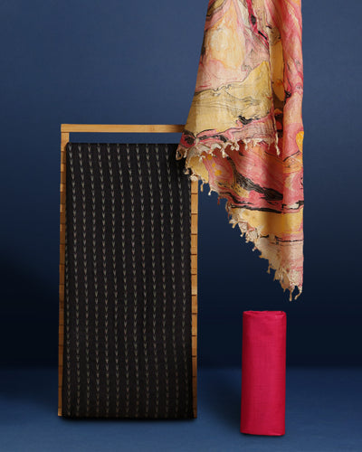 Abstract Katan Silk Marble Print Black & Pink Suit