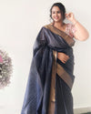 Striped Kota Slub Sequence Pallu Saree Hand Dyed Navy Blue