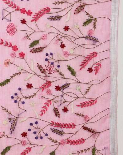 Magnificent Pure Linen Saree Hand Embroidered Pink