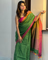 Handwoven Pure Linen Green Saree with Blouse-Indiehaat