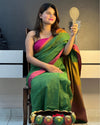 Handwoven Pure Linen Green Saree with Blouse-Indiehaat