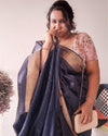 Striped Kota Slub Sequence Pallu Saree Hand Dyed Navy Blue